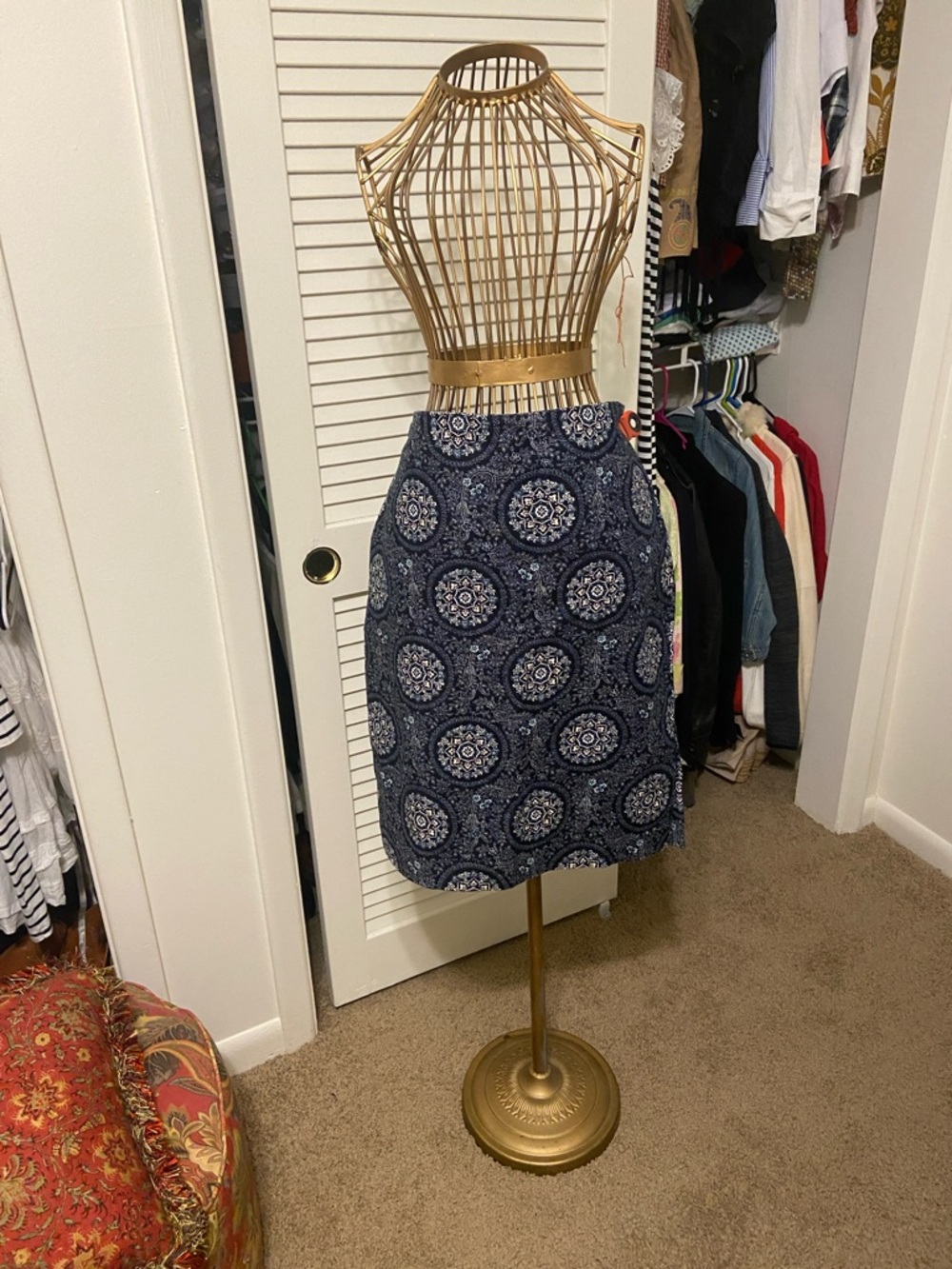 LOFT Navy and White Medallion Midi Skirt